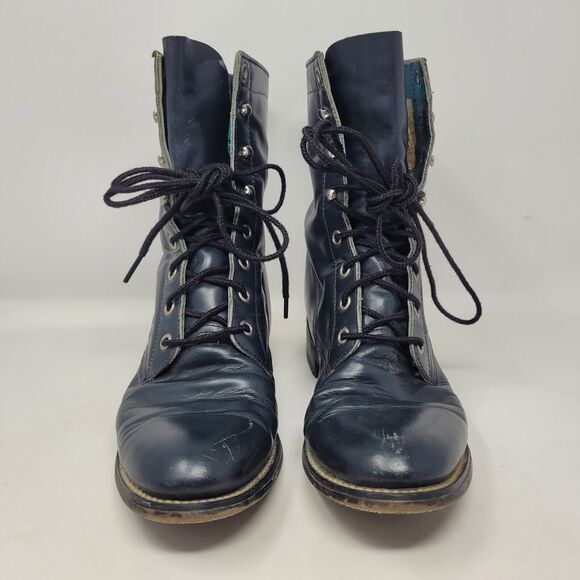 Vintage Justin Boots Womens 8B Blue Leather Kiddle Ankle Lace Up Western Ranch - Picture 3 of 10
